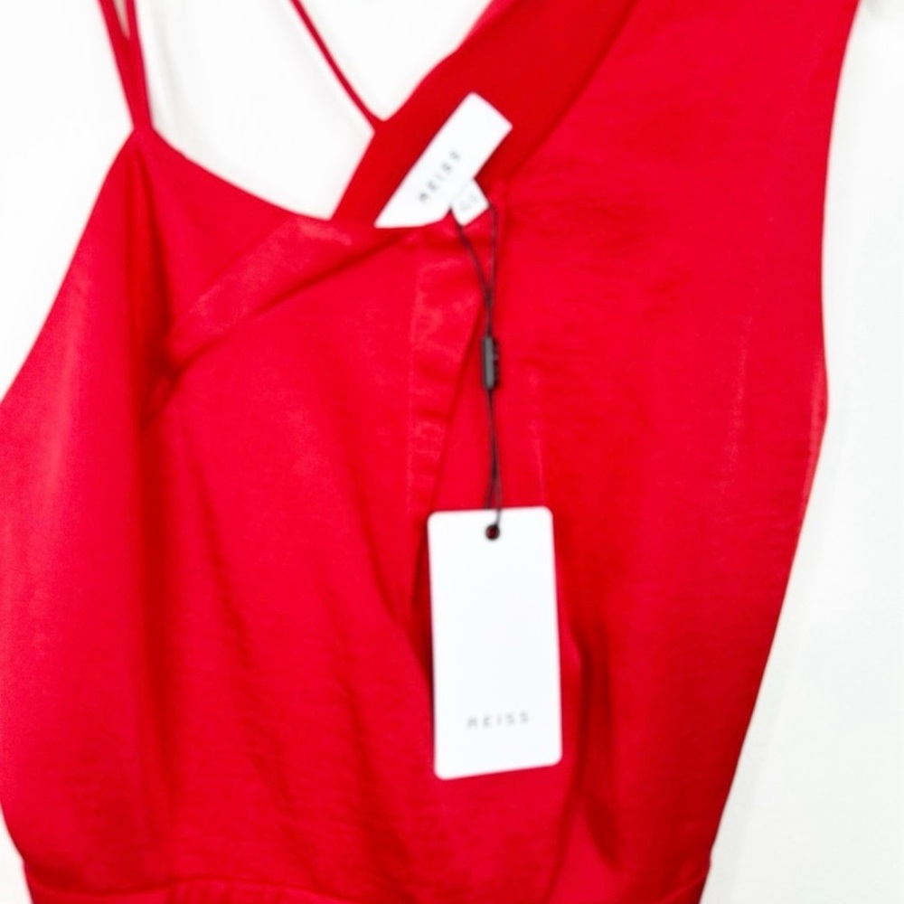 NWT REISS | Sara Ruffle Detail‎ Red Satin Pleated Midi Cocktail Dress Sz. 0 - Picture 7 of 8